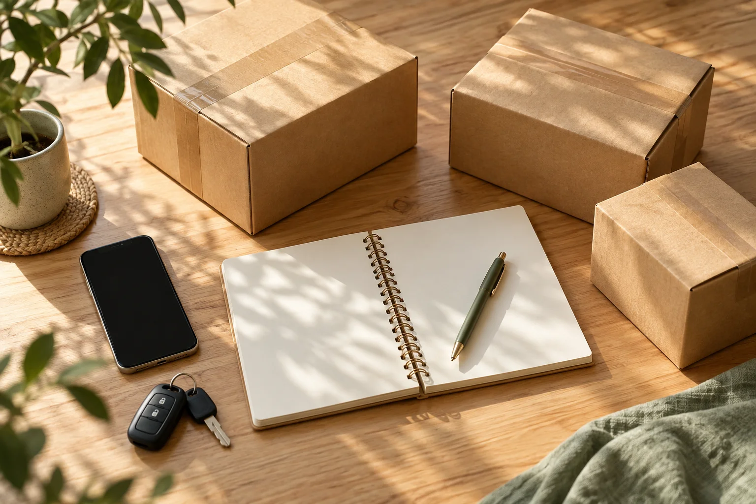 Paquetes sin marca y un cuaderno de aprendizaje abierto